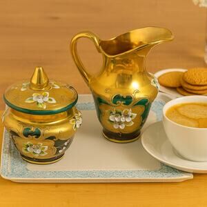 Murano Style Green & Gold Hand Painted Sugar & Creamer Set Art Glass Vintage